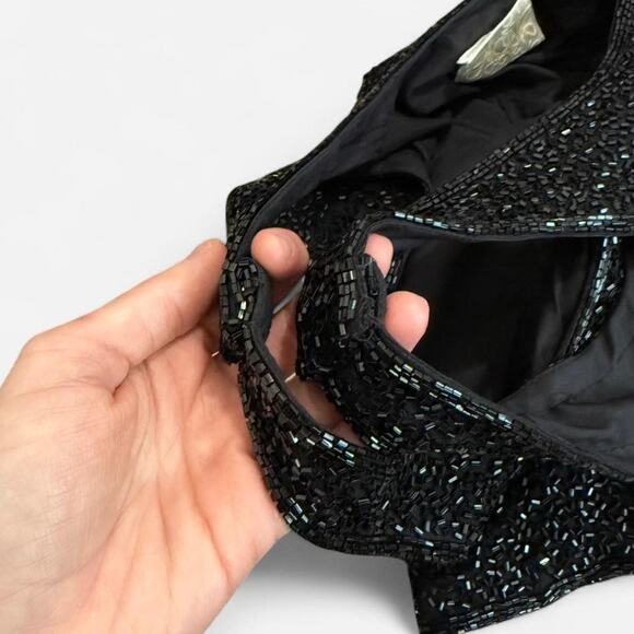 VTG Y2K Cache Black Silk Beaded Sparkly Goth Glam Tank Top with Padding M/S - Picture 7 of 8